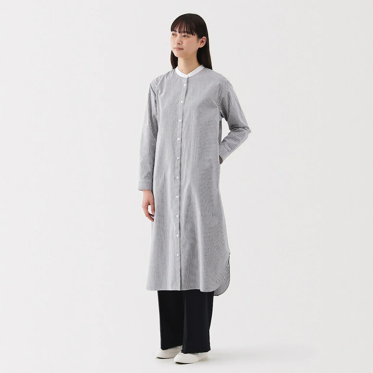 Washed Broadcloth 100% Cotton Stand Collar Shirt Dress - Image 19